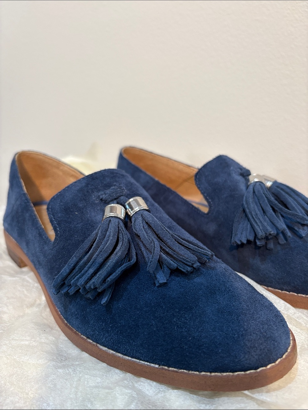 Franco Sarto Navy Suede Loafers With Tassels